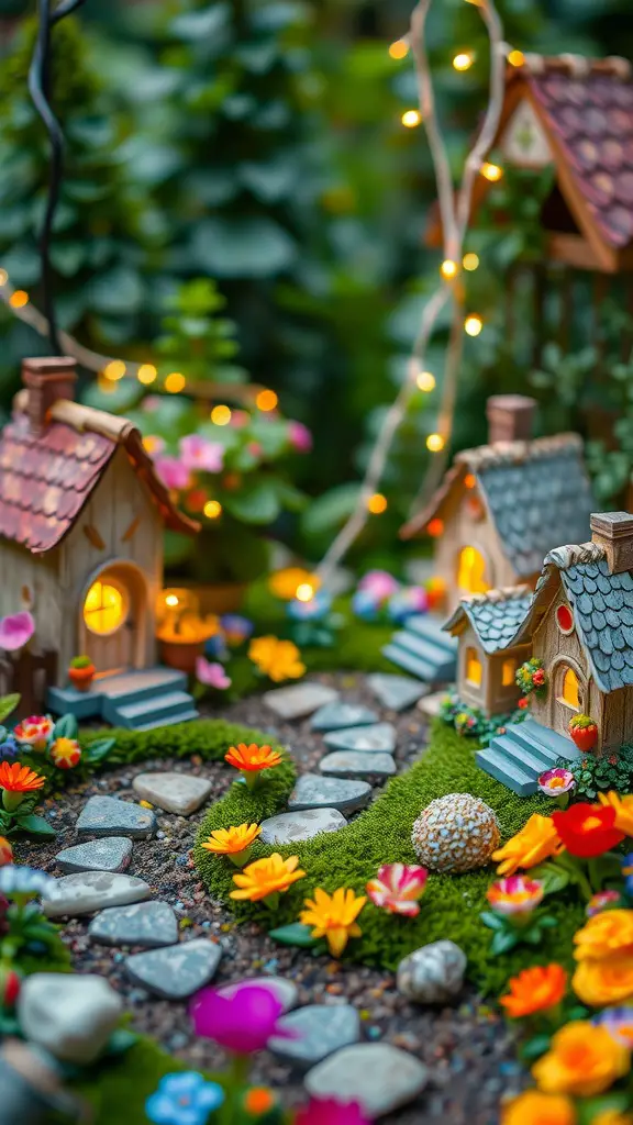 A magical fairy garden scene with tiny houses, colorful flowers, and fairy lights.