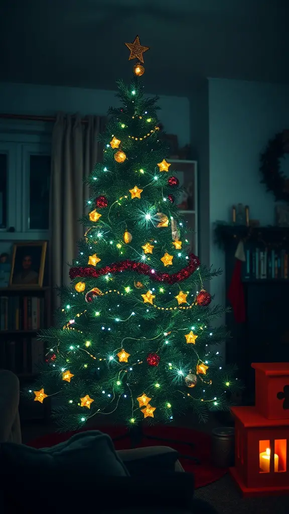 19 Unique Christmas Tree Ideas to Brighten Your Holidays 16 A beautifully decorated Christmas tree with fairy lights, golden stars, and ornaments, creating a cozy holiday atmosphere.