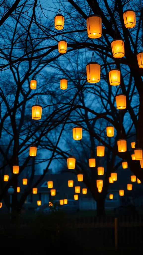 A backyard filled with hanging lanterns glowing in the evening sky.