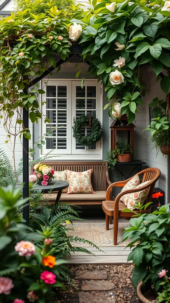 19 Enchanted Garden Ideas to Transform Your Outdoor Space 13 A cozy garden nook with a wooden bench, colorful pillows, and lush greenery.