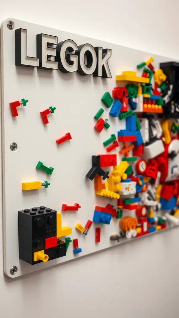 A magnetic board displaying various colorful LEGO bricks, showcasing an organized and creative storage solution.