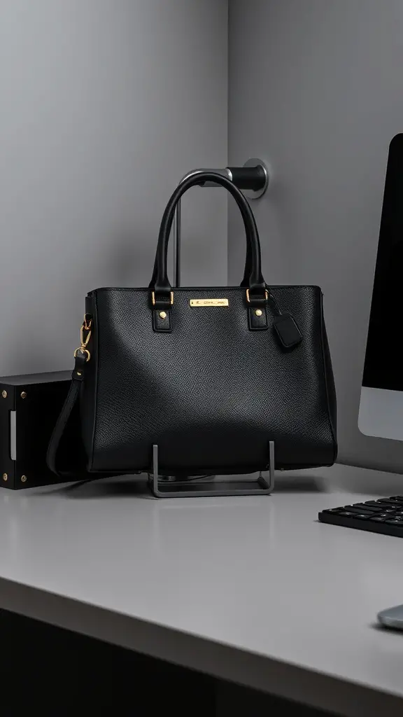 A black purse on a magnetic holder on a desk