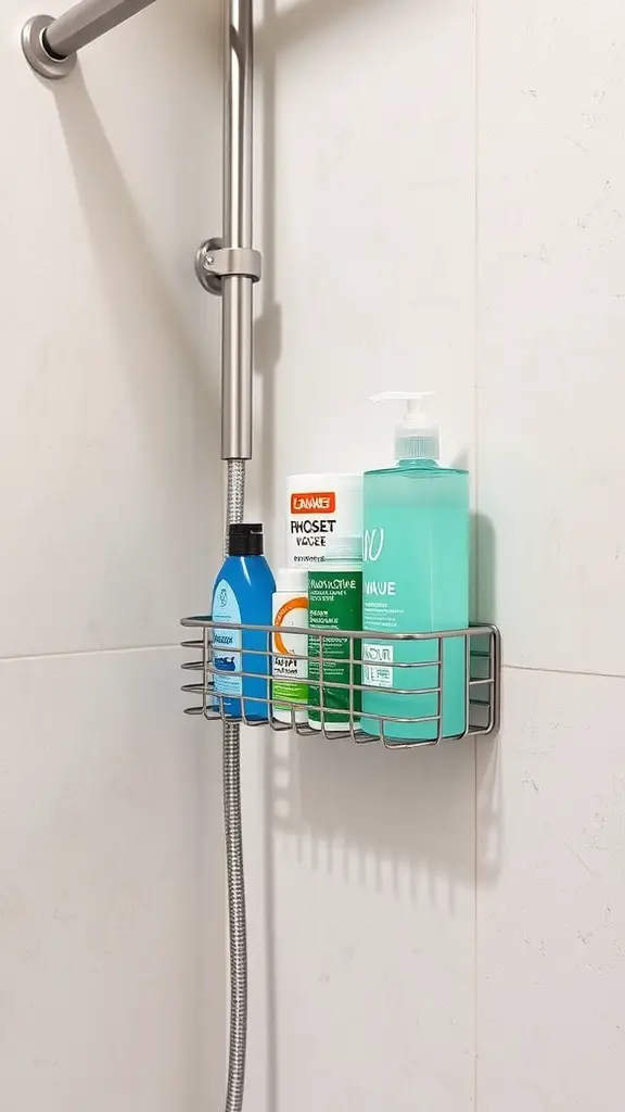 15+ Stylish Shower Storage Ideas to Maximize Space 10 A magnetic shower caddy mounted on the wall, holding various shampoo and body wash bottles.