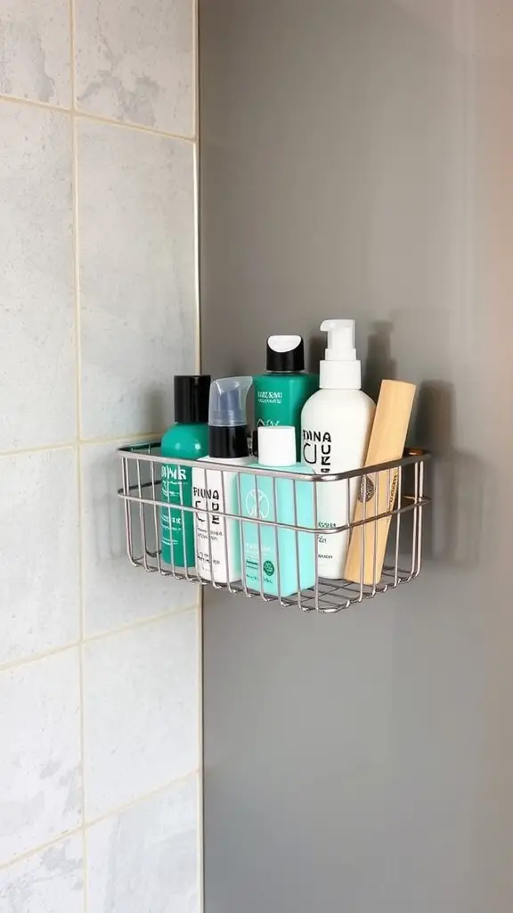 19+Stylish and Functional Shower Caddy Ideas to Organize Your Space 14 A magnetic shower caddy with various bottles of shampoo and body wash attached to a shower wall.