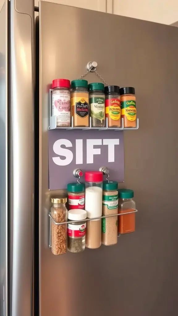 19 Affordable Dollar Tree Kitchen Organization Ideas You Need to Try 7 Magnetic spice rack attached to a fridge with various spice jars.
