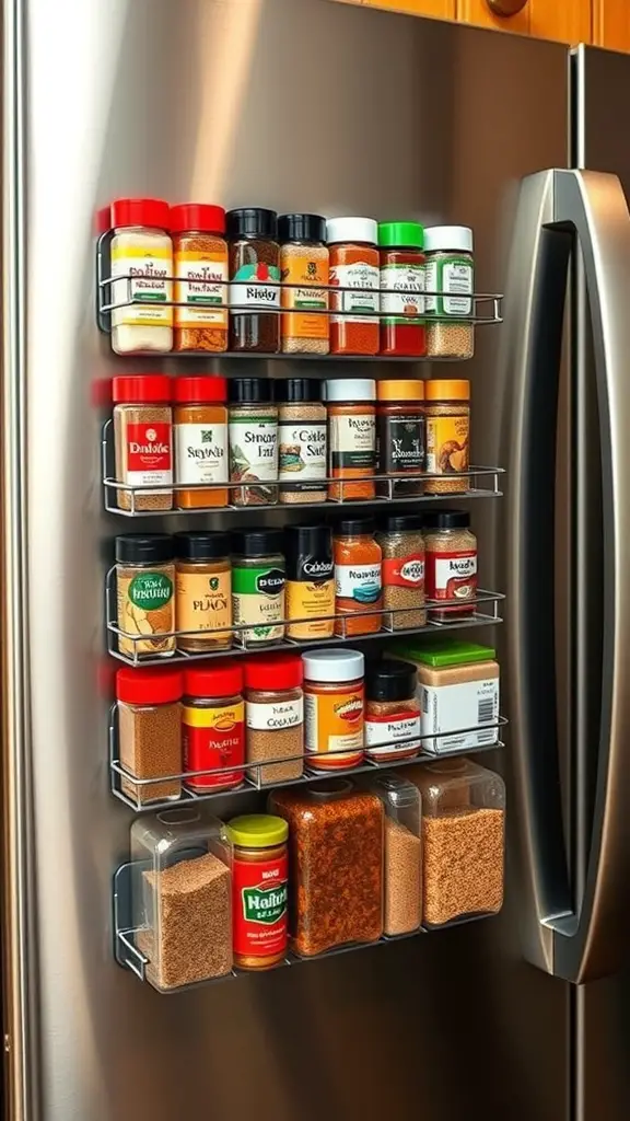 17 Smart Small Kitchen Storage Ideas You’ll Love 6 Magnetic spice racks attached to a refrigerator, displaying various spice jars and containers.