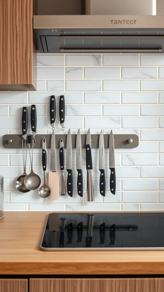 21 Creative Wall Storage Ideas to Maximize Your Space 2 Magnetic strip holding kitchen utensils including knives and spoons on a wall.
