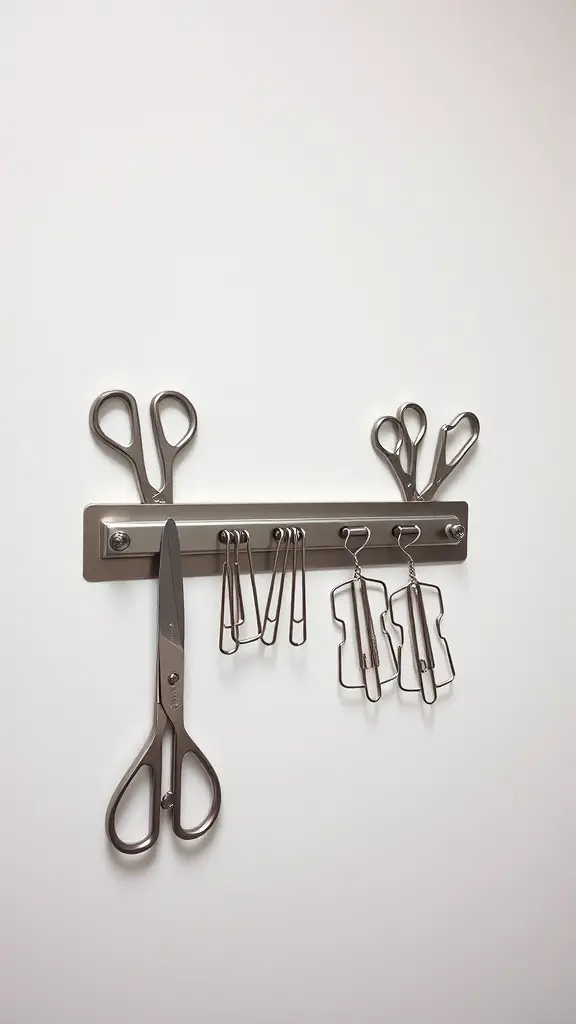 15 Creative Office Storage Ideas to Maximize Space 9 A magnetic strip on a wall displaying scissors and paper clips for organized storage.