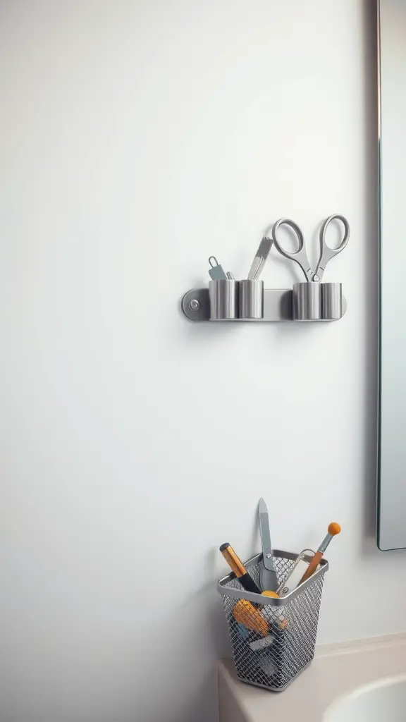 Magnetic strip on a wall holding small bathroom tools like scissors and tweezers.