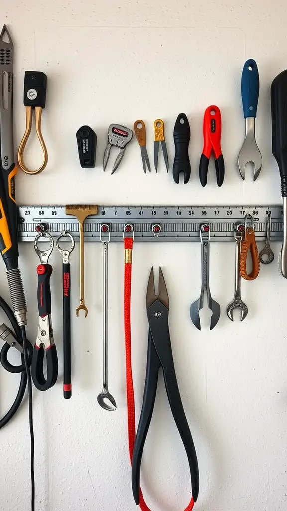 37+Genius Ideas for Garage Storage Organization 6 A wall-mounted magnetic strip displaying various small tools for easy access and organization.