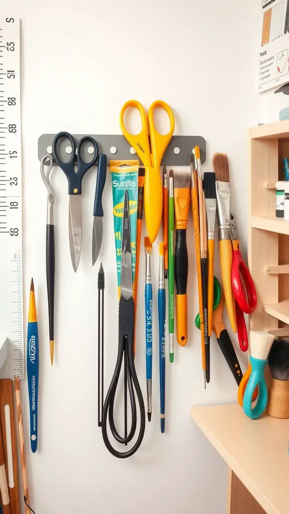 Magnetic strips holding various craft tools like scissors, brushes, and pens on a wall