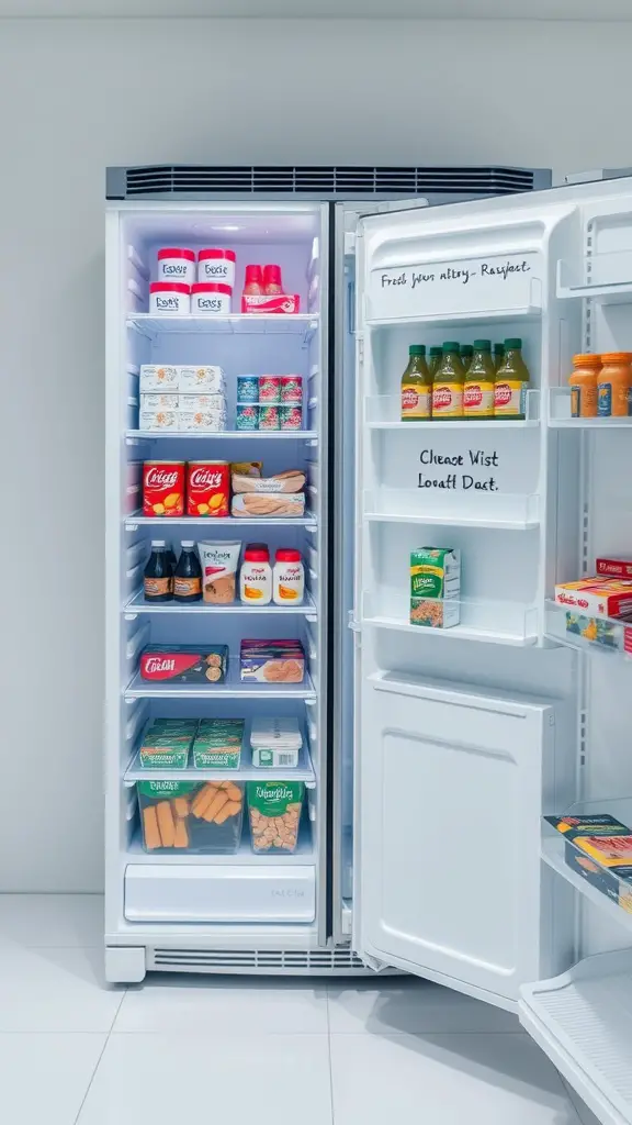 A well-organized fridge with various food items neatly arranged.