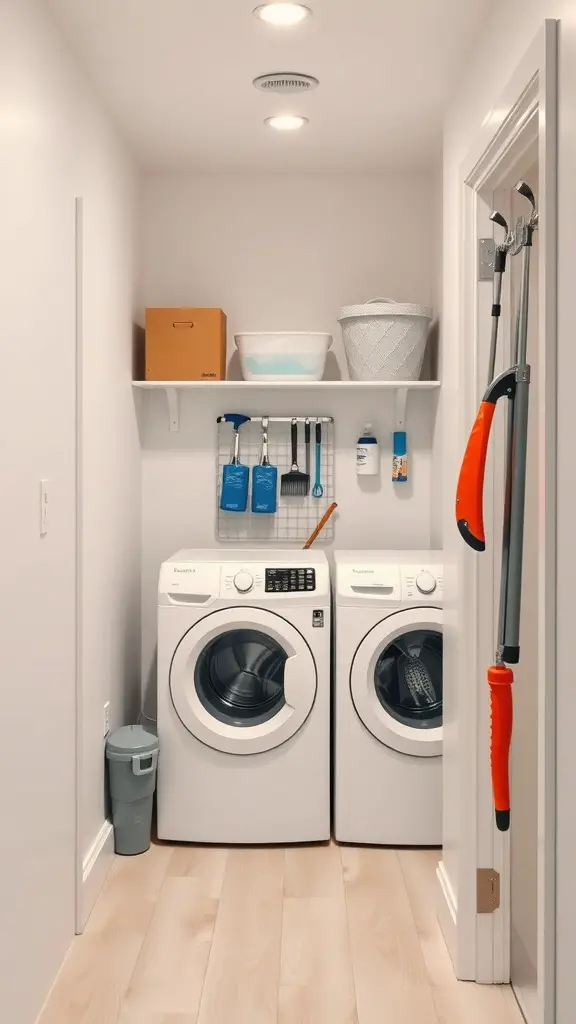 15+ Clever Hallway Laundry Closet Ideas for Small Spaces 17 A well-organized laundry closet with washing machines, storage bins, and cleaning supplies.