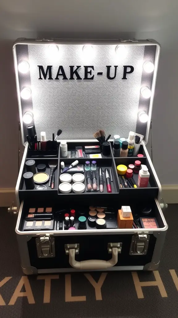19+Creative Makeup Storage Ideas You Need to Try 15 A professional makeup train case with lights, organized compartments, and various makeup products.