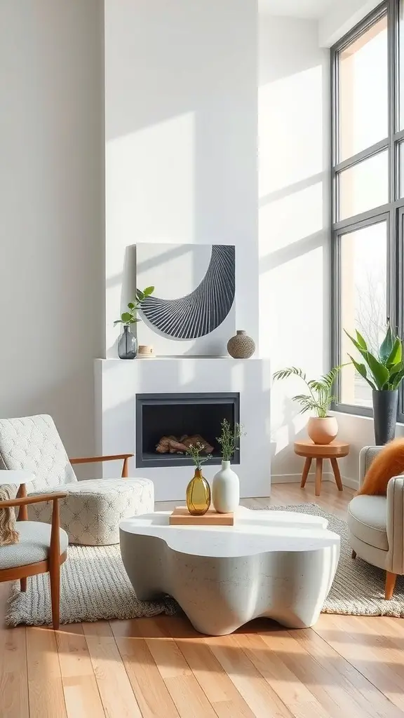 29 Creative DIY Concrete Molds for Your Next Project 3 A modern living room featuring a unique concrete coffee table, stylish chairs, and large windows.