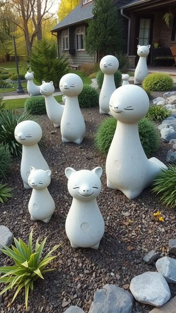 29 Creative DIY Concrete Molds for Your Next Project 14 A collection of playful concrete sculptures in a landscaped garden.