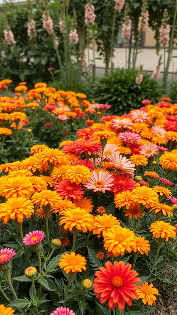 21 Stunning Fall Flower Bed Ideas to Beautify Your Home 5 A vibrant flower bed featuring marigolds and zinnias in bold colors, with orange, yellow, and pink blooms.