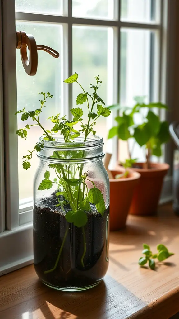 19 Affordable Dollar Tree Kitchen Organization Ideas You Need to Try 5 A mason jar filled with soil and growing herbs on a windowsill.