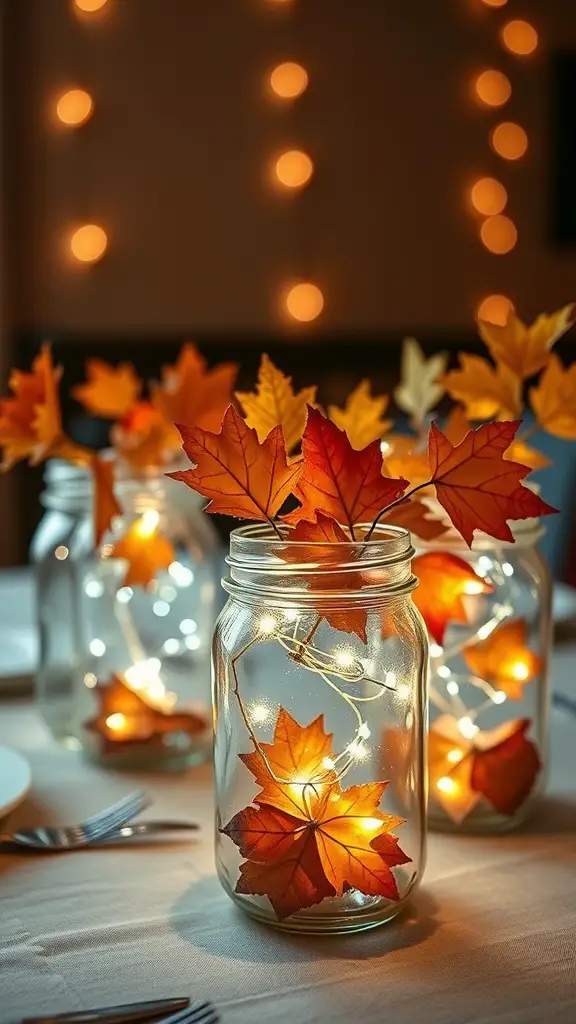 17 Stunning Fall Centerpieces for Your Dining Table 5 Mason jar lanterns with autumn leaves and fairy lights