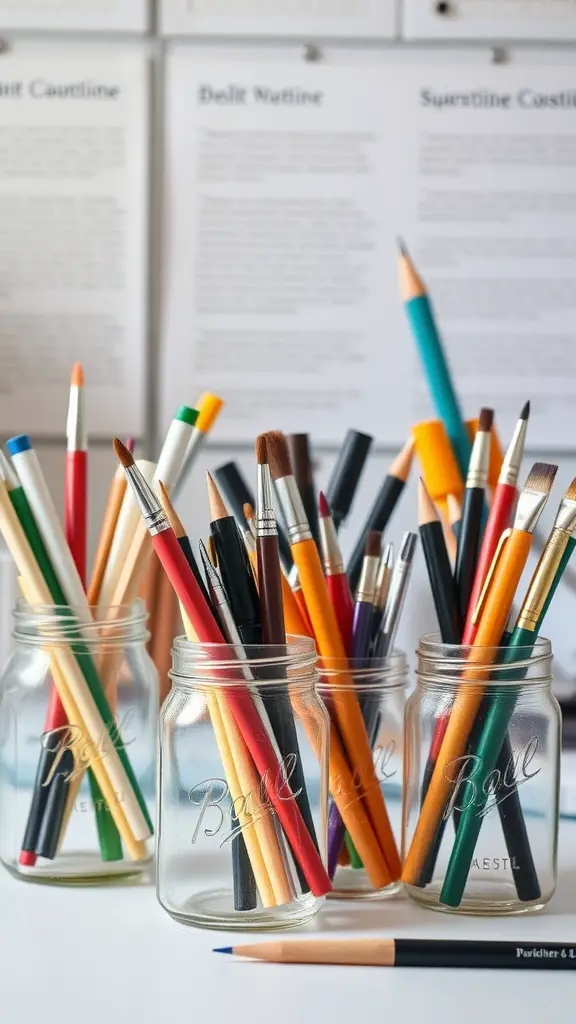 19 Creative DIY Storage Box Ideas You Need to Try 5 Mason jars filled with colorful pencils and brushes on a desk