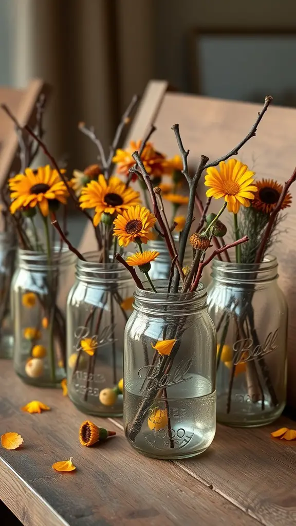 21 Gorgeous Fall Planters to Brighten Your Garden 12 Mason jar planters with yellow flowers and twigs on a wooden table