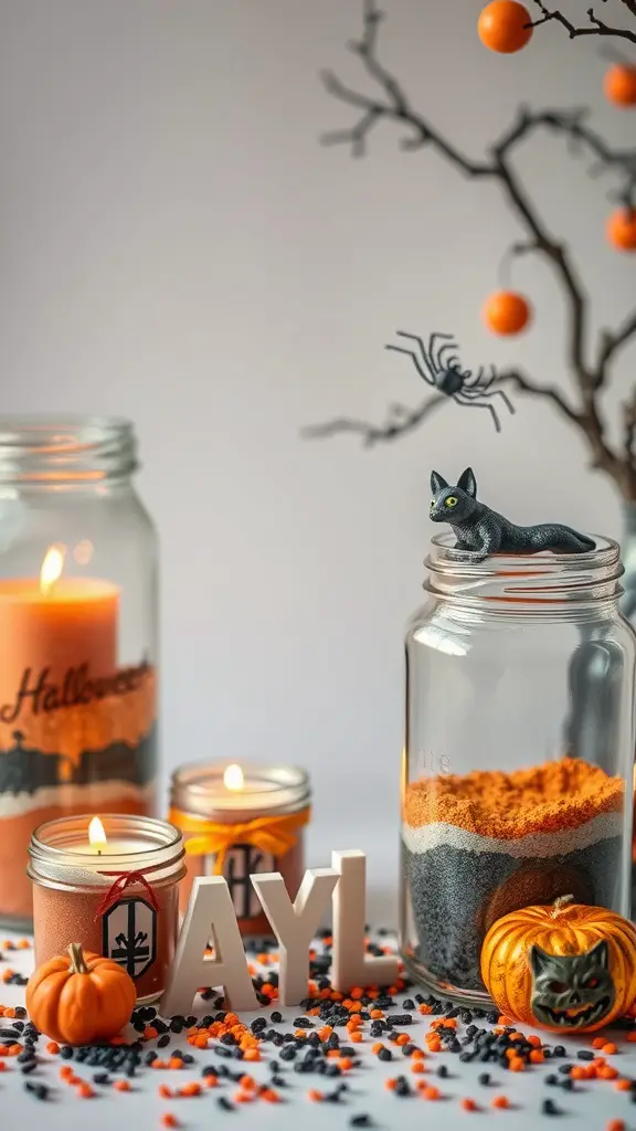 Halloween centerpiece featuring mason jars with colored sand, candles, and Halloween decorations.