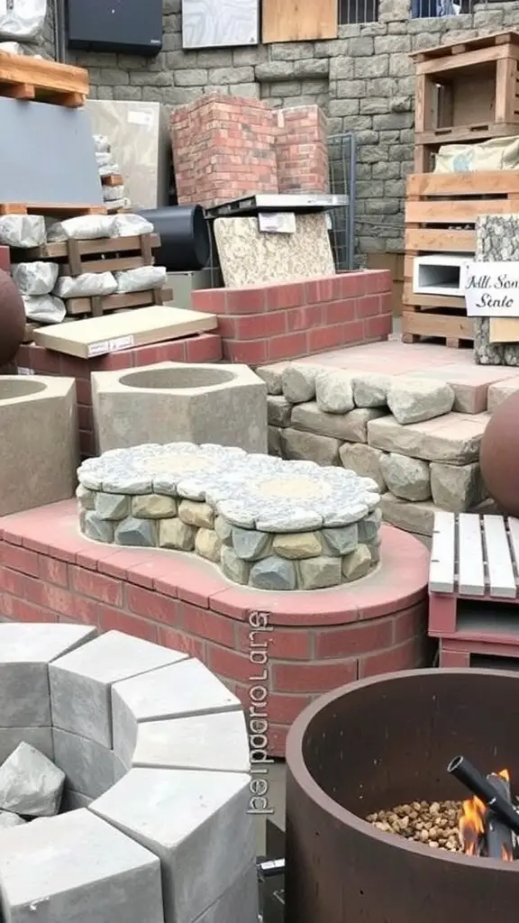 A variety of materials for sunken fire pits, including concrete blocks, natural stones, and bricks, displayed in an outdoor setting.