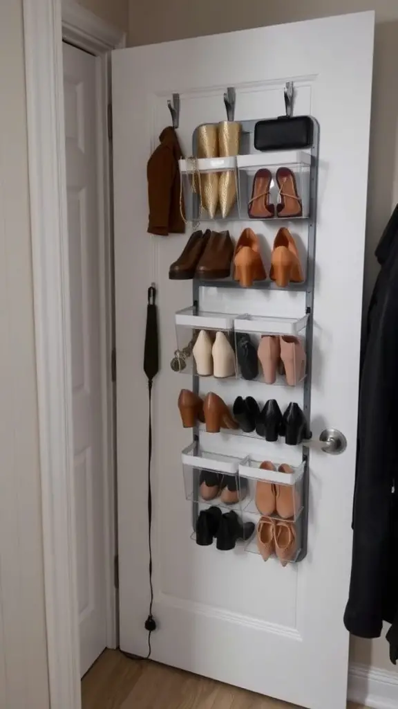 23 Creative Small Closet Organization Ideas for Maximum Space 13 An over-the-door organizer displaying various shoes and accessories on a closet door.