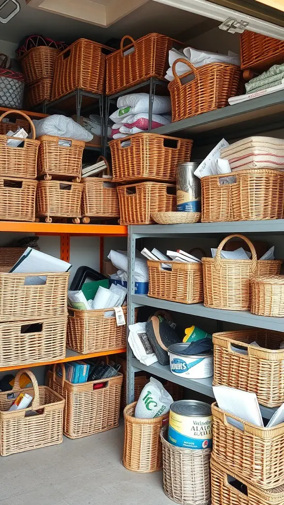 37+Genius Ideas for Garage Storage Organization 12 Organized garage shelves with various wicker baskets holding different items.