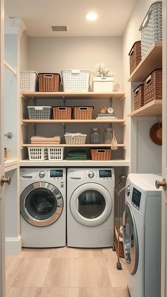 15+ Clever Hallway Laundry Closet Ideas for Small Spaces 10 A hallway laundry closet featuring stacked washer and dryer, open shelves with baskets, and a slim cart for storage.
