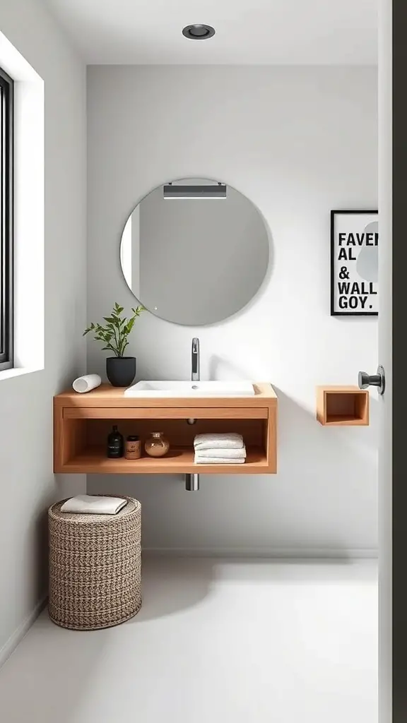 19 Stunning Small Full Bathroom Ideas for Maximum Style 2 A modern small bathroom featuring a floating vanity with a round mirror, a plant, and stylish storage.