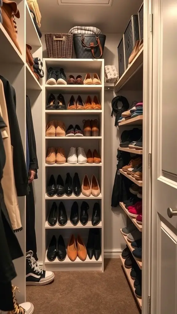 A small walk-in closet with organized shelves displaying shoes and clothing.