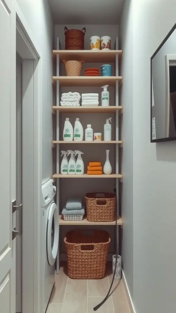 23 Creative Narrow Laundry Room Ideas You’ll Love 6 A narrow laundry room with vertical shelves filled with baskets and cleaning supplies.