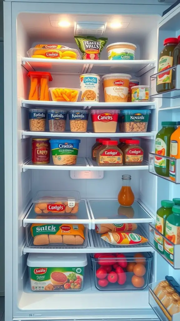 A well-organized fridge with clear containers and neatly stacked items, showcasing effective use of vertical space.