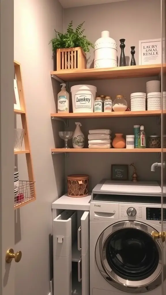 19 Clever Small Laundry Room Ideas to Maximize Space 8 A small laundry room featuring wooden shelves filled with cleaning supplies and decorative items, with a washing machine below.