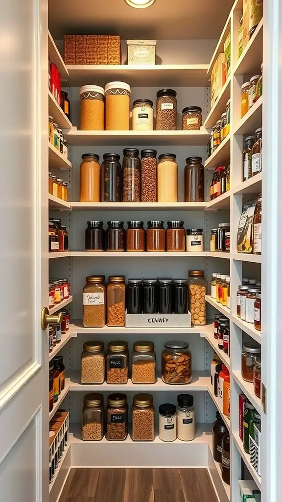 A well-organized walk-in pantry with multiple shelves filled with jars and containers.