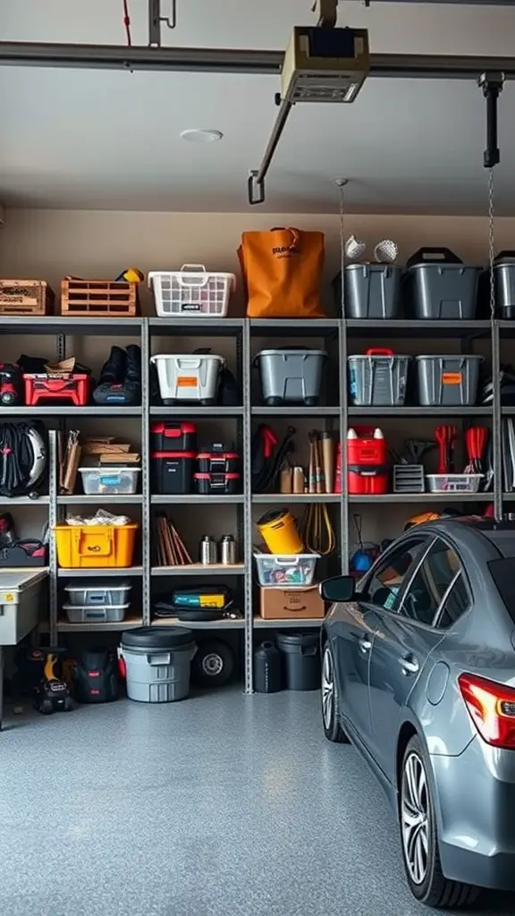 Organized garage with shelving units filled with storage bins and tools