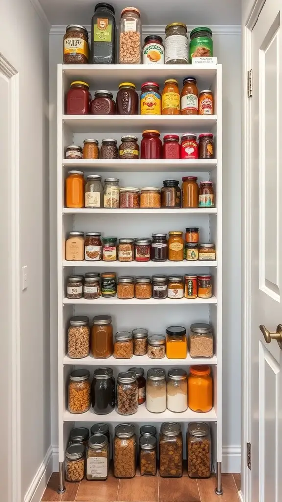 41+Inspiring Pantry Shelving Ideas to Maximize Your Space 6 A tall white shelving unit filled with jars and containers in a pantry.