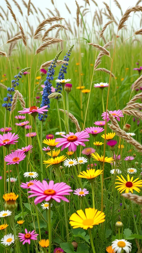 A colorful meadow-style wildflower garden with pink, yellow, and blue flowers surrounded by tall grasses.
