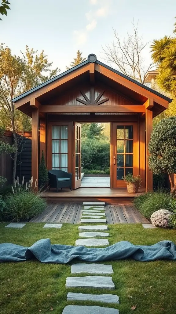 23 Inspiring Garden House Ideas for Your Outdoor Oasis 6 A wooden garden house with large windows, surrounded by greenery and a stone pathway.