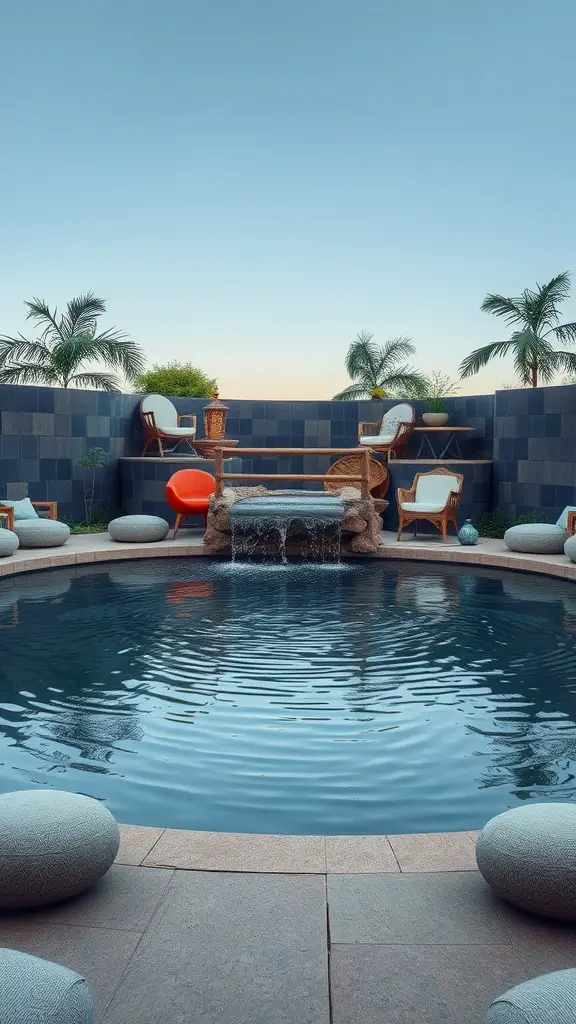 A meditative pond with a soothing waterfall, surrounded by comfortable seating and lush greenery.