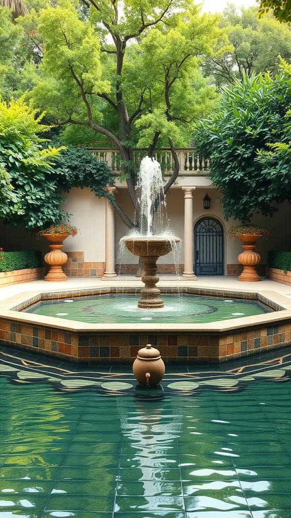 19 Stunning Mediterranean Garden Ideas You’ll Love 2 A beautiful Mediterranean-style garden featuring a central fountain surrounded by greenery and colorful tiles.