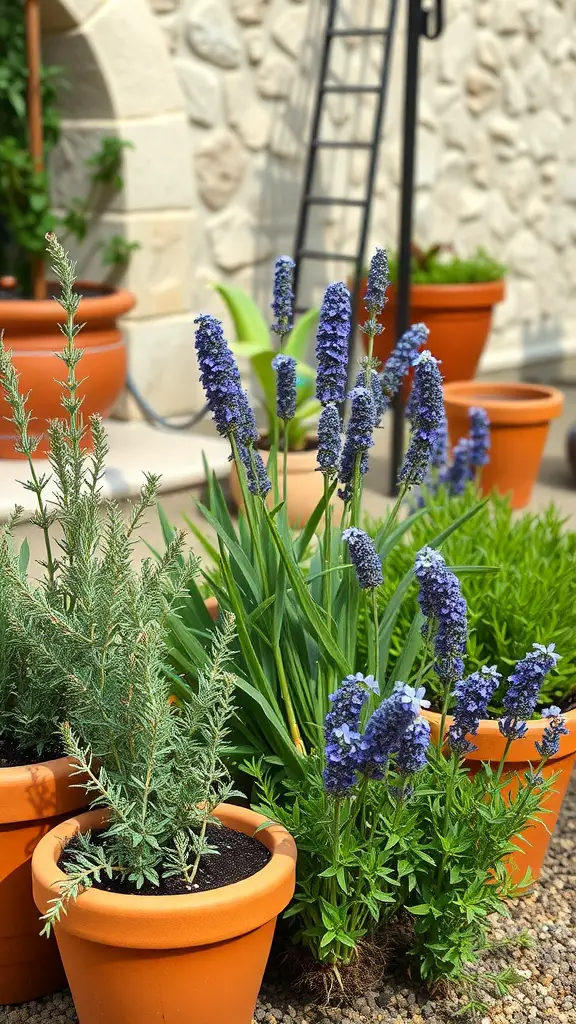 A Mediterranean herb garden featuring lavender and rosemary in terracotta pots.