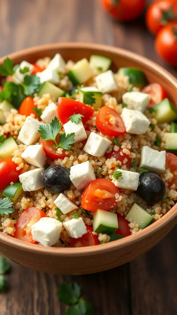 17 Creative Dish Garden Ideas to Elevate Your Space 6 A bowl of Mediterranean quinoa salad with feta, cherry tomatoes, cucumbers, and olives.