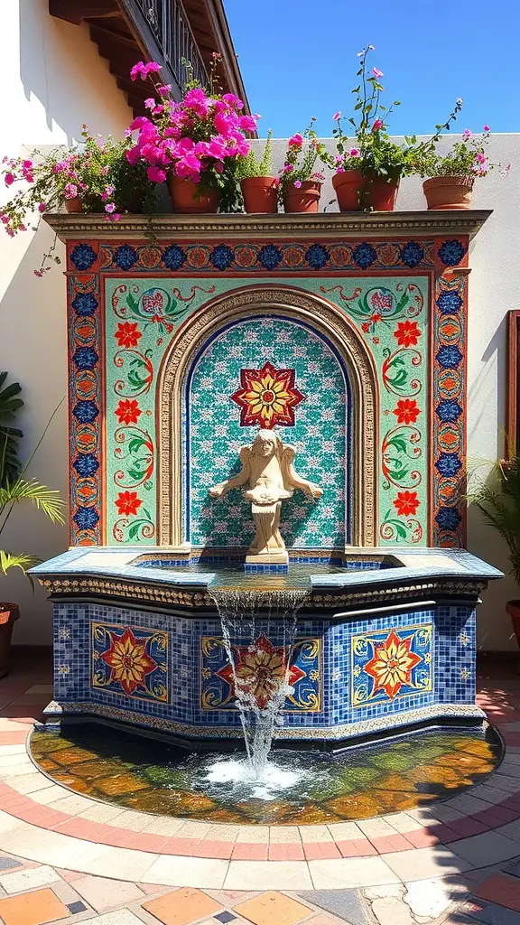 A colorful Mediterranean tile mosaic fountain with floral designs and a central figure, surrounded by potted plants.