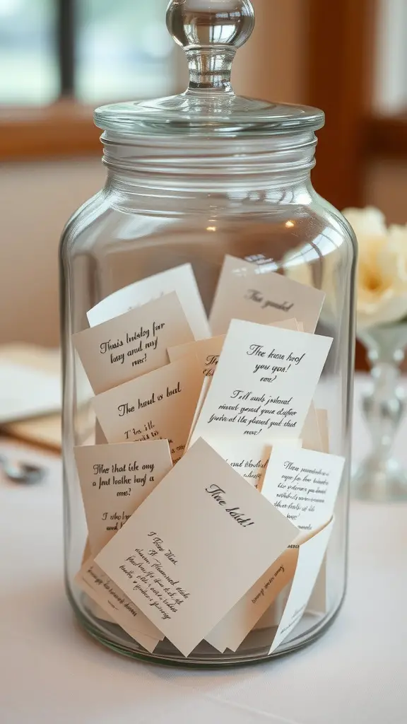 17 Creative Baby Shower Ideas for a September Celebration 14 A glass jar filled with cards containing messages and memories for a baby shower.