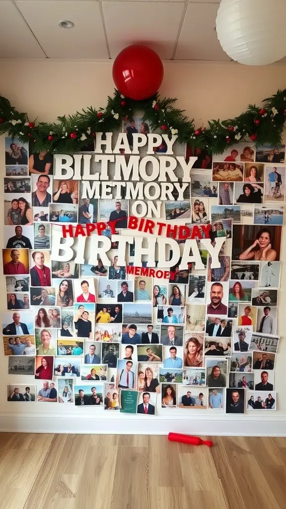 27+ Creative Birthday Decoration Ideas for an Unforgettable Celebration 18 A decorated memory wall for a birthday celebration with photos and a festive banner.