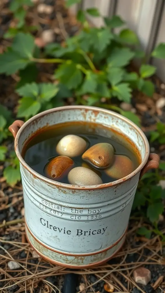 A rustic metal bucket filled with water and decorative stones, surrounded by greenery.