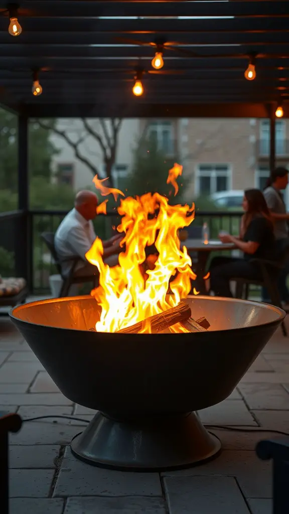 17 Creative DIY Fire Pit Ideas for Your Backyard 4 A metal fire bowl with flames, surrounded by people enjoying an outdoor gathering.