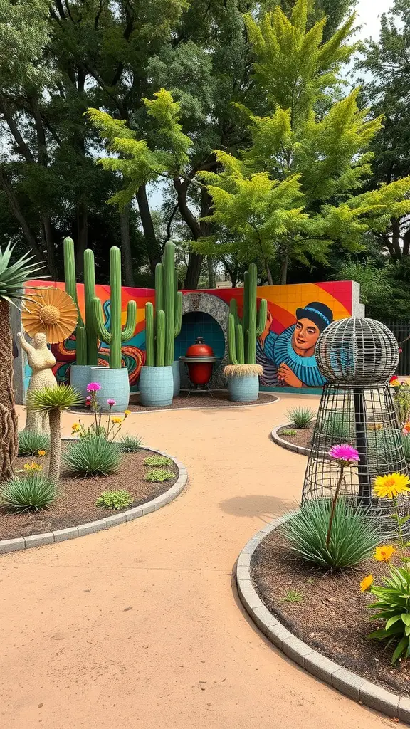 23 Vibrant Mexican Garden Ideas to Transform Your Outdoor Space 17 A vibrant Mexican-themed garden featuring cacti, colorful flowers, and a mural.